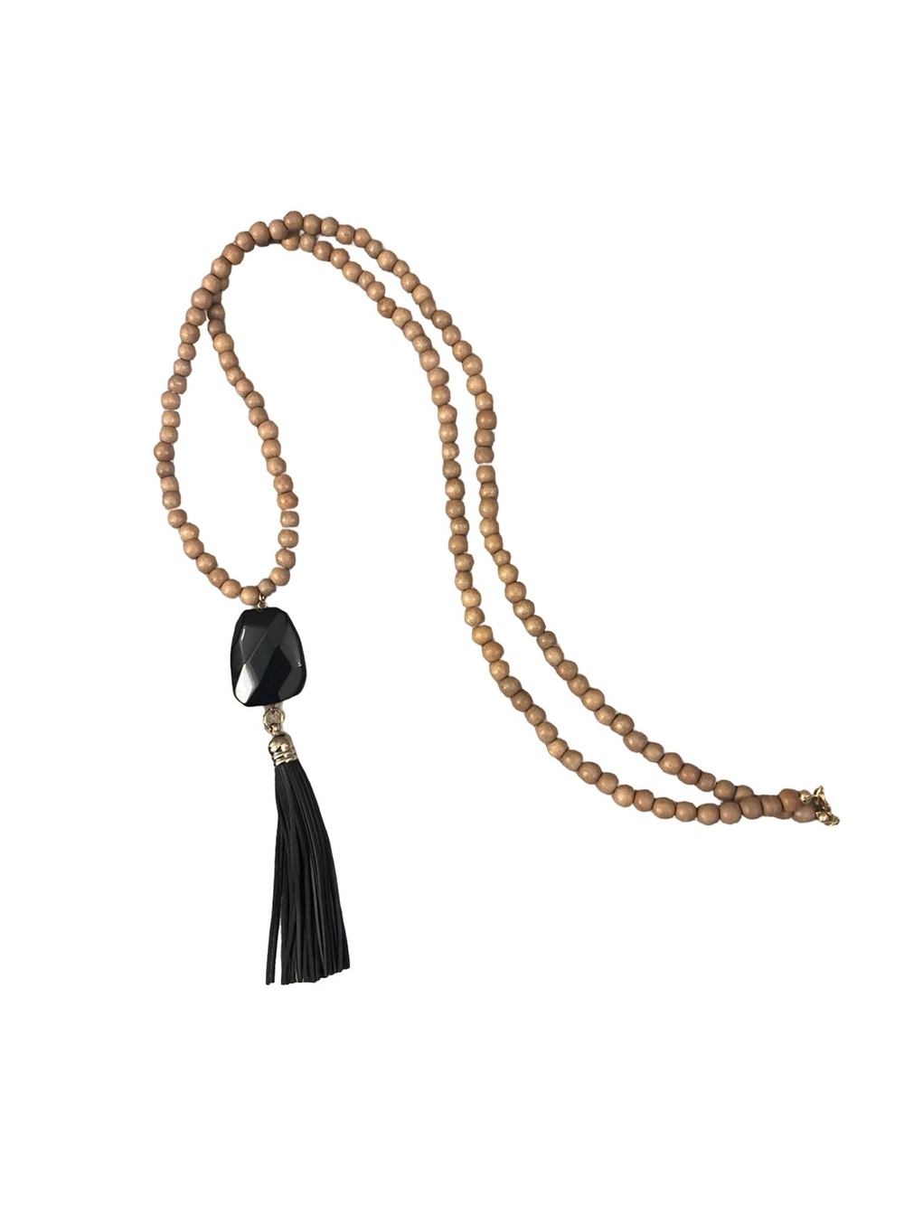 Malas Wood Bead Long Necklace with Black Leather Tassel